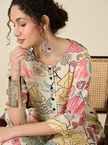 Printed Ecru Kurta Set