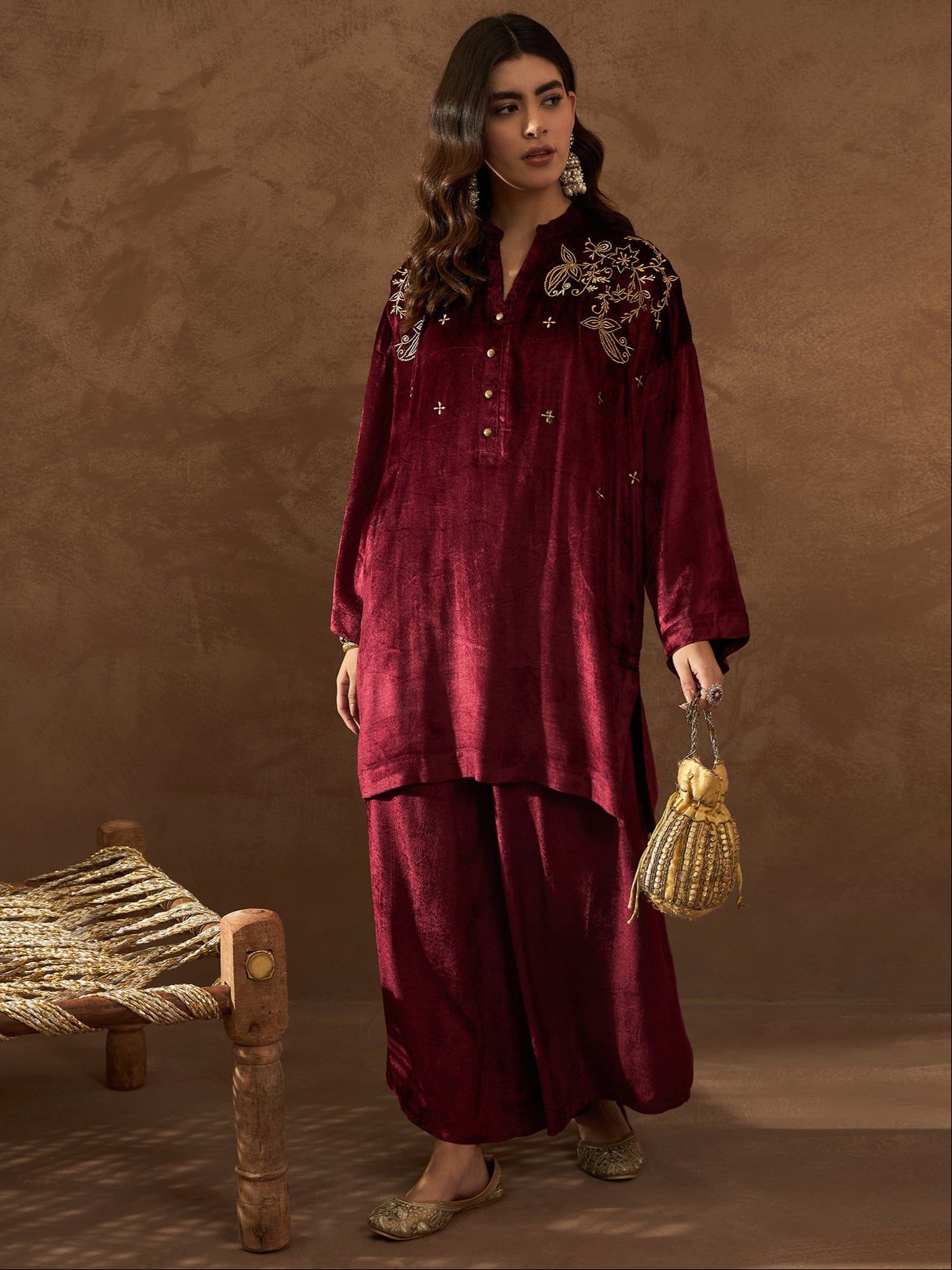 Ruhani Maroon Luxe Velvet Palazzo Set