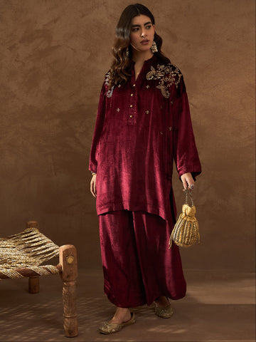 Ruhani Maroon Luxe Velvet Palazzo Set