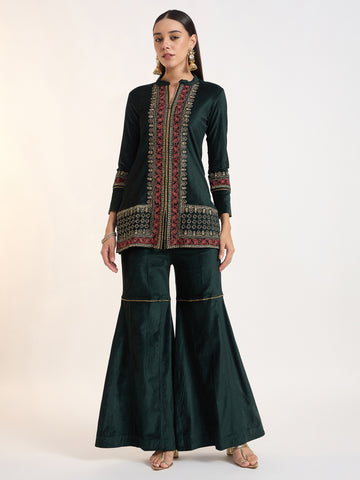 Bottle Green Embroidered Velvet Set