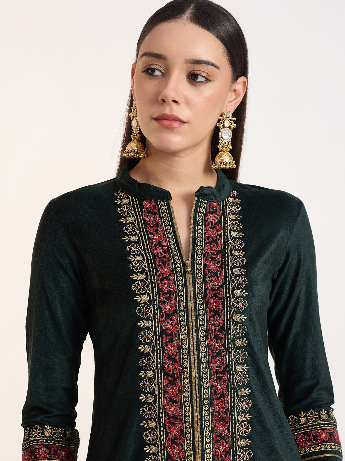Bottle Green Embroidered Velvet Set