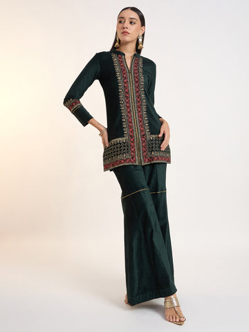 Bottle Green Embroidered Velvet Set