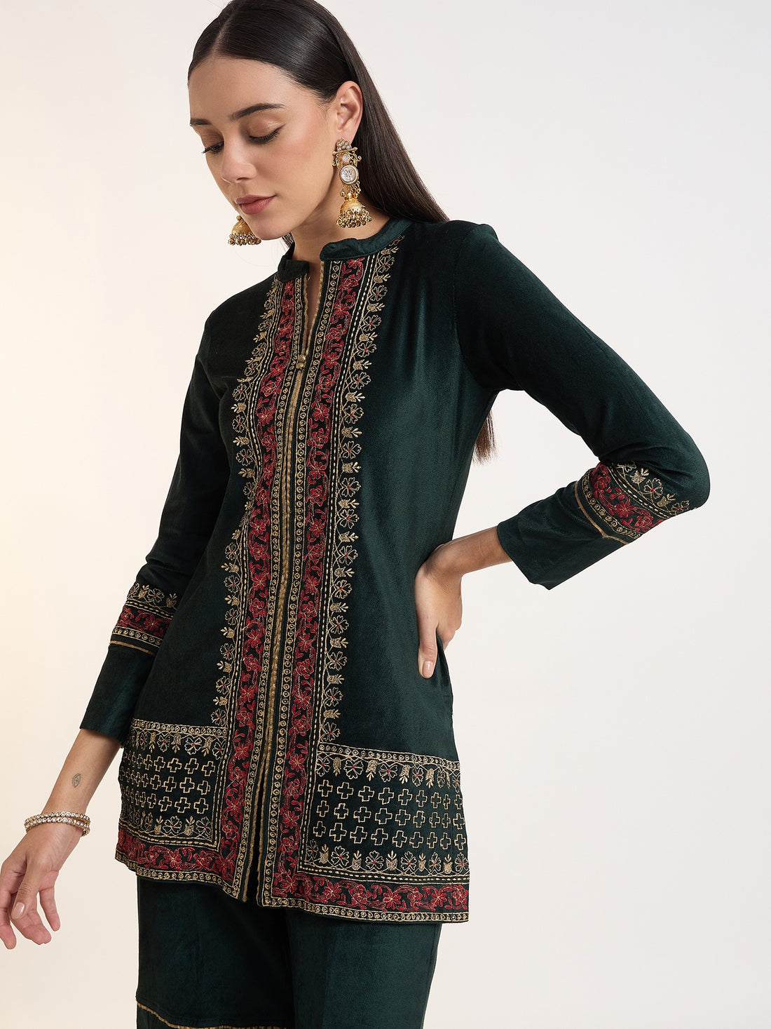Bottle Green Embroidered Velvet Set