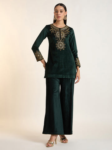 Bottle Green Velvet Embroidered Kurta Set