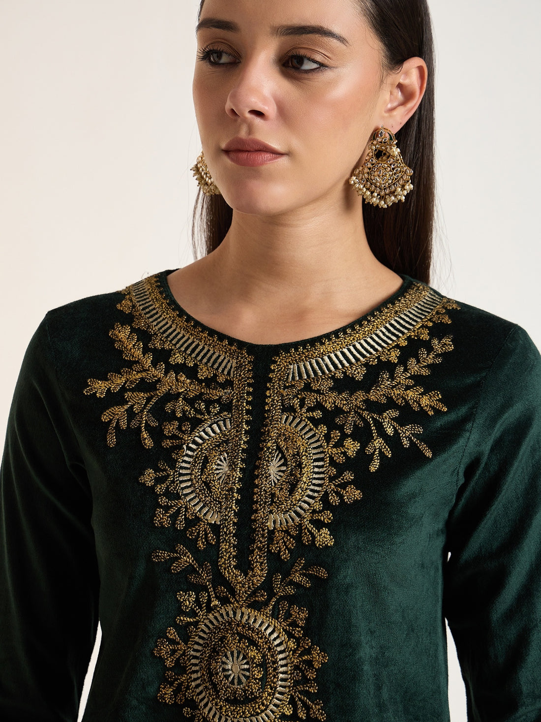 Bottle Green Velvet Embroidered Kurta Set