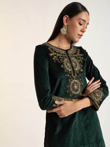 Bottle Green Velvet Embroidered Kurta Set