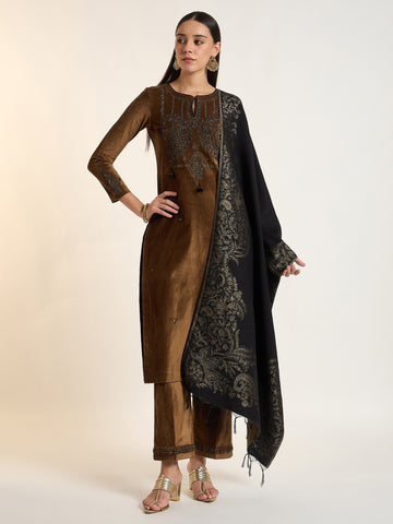 Brown Embroidered Velvet Kurta Set with Printed Dupatta