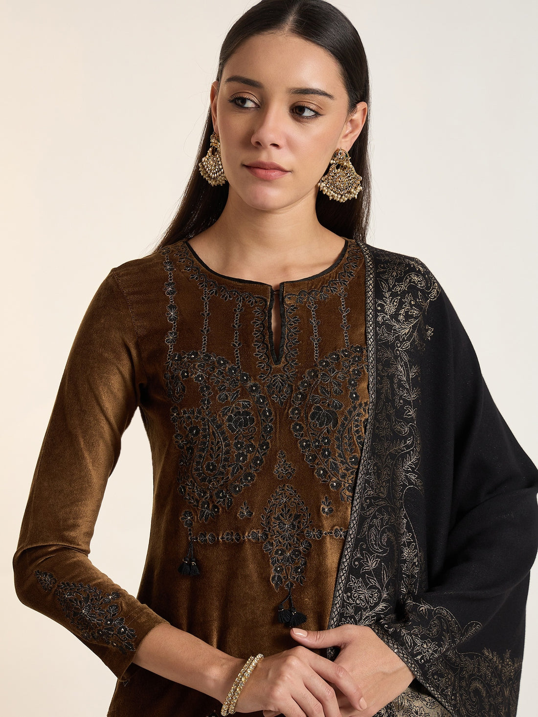 Brown Embroidered Velvet Kurta Set with Printed Dupatta