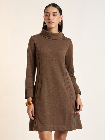 Women Solid Knitted A-Line Dress with High Neck and Button Detailing