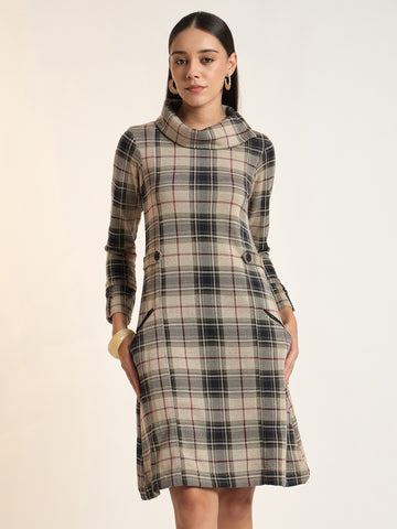 Women Checked Knitted A-Line Dress with High Neck and Button Detailing
