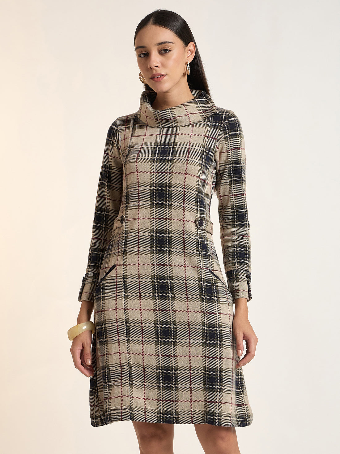 Women Checked Knitted A-Line Dress with High Neck and Button Detailing