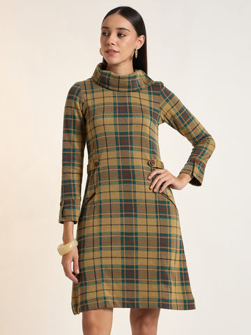 Women Checked Knitted A-Line Dress with High Neck