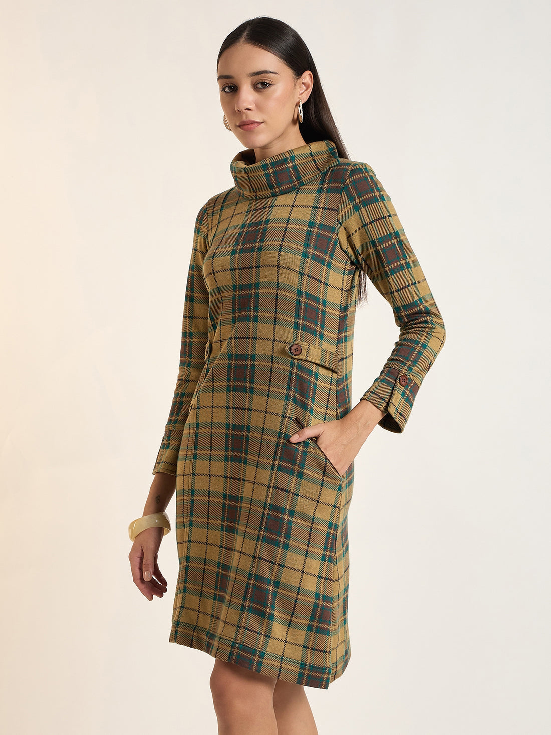 Women Checked Knitted A-Line Dress with High Neck