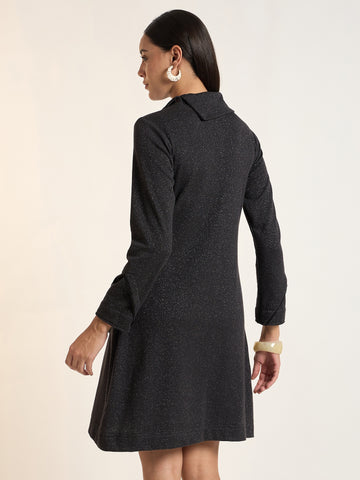 Women Solid Knitted A-Line Dress with Cowl Neck and Button Detailing