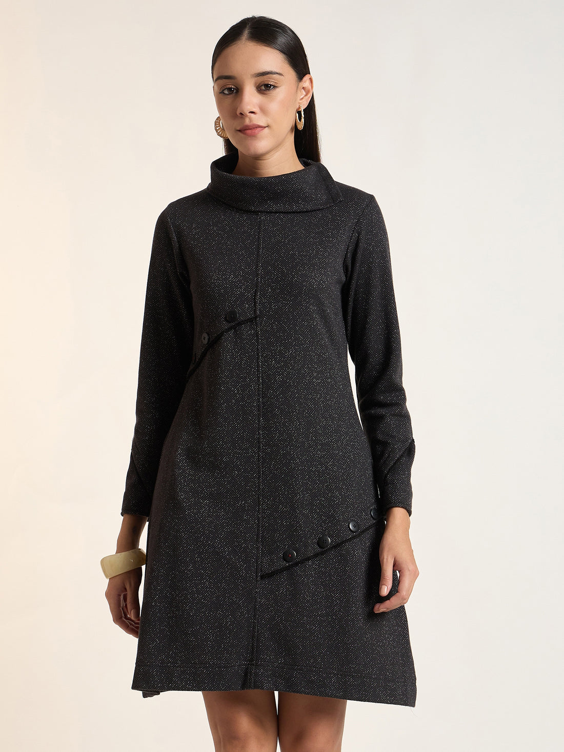 Women Solid Knitted A-Line Dress with Cowl Neck and Button Detailing