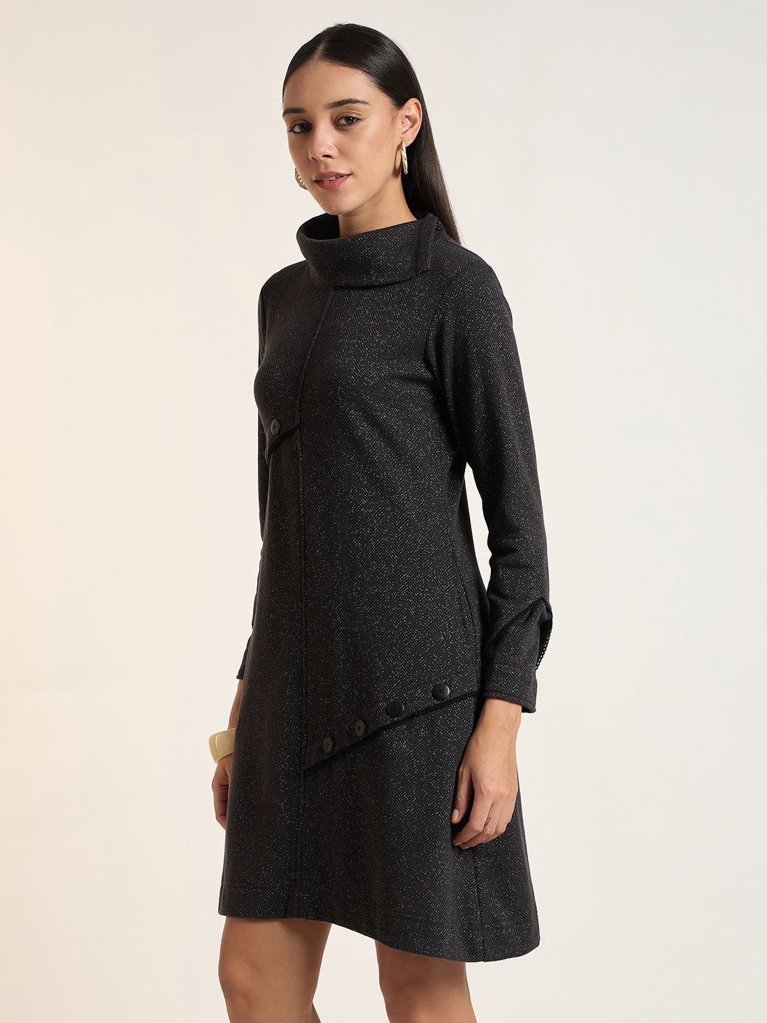 Women Solid Knitted A-Line Dress with Cowl Neck and Button Detailing