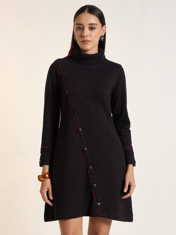 Women Solid Knitted A-Line Dress with High Neck and Button Detailing