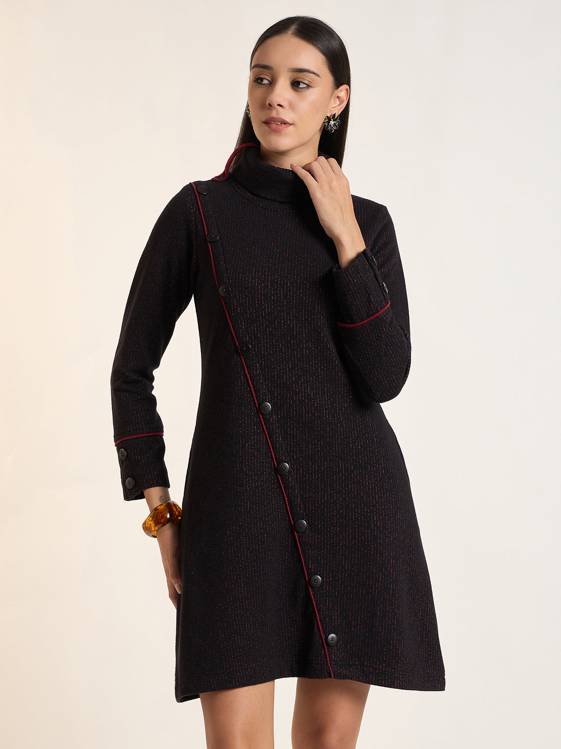 Women Solid Knitted A-Line Dress with High Neck and Button Detailing