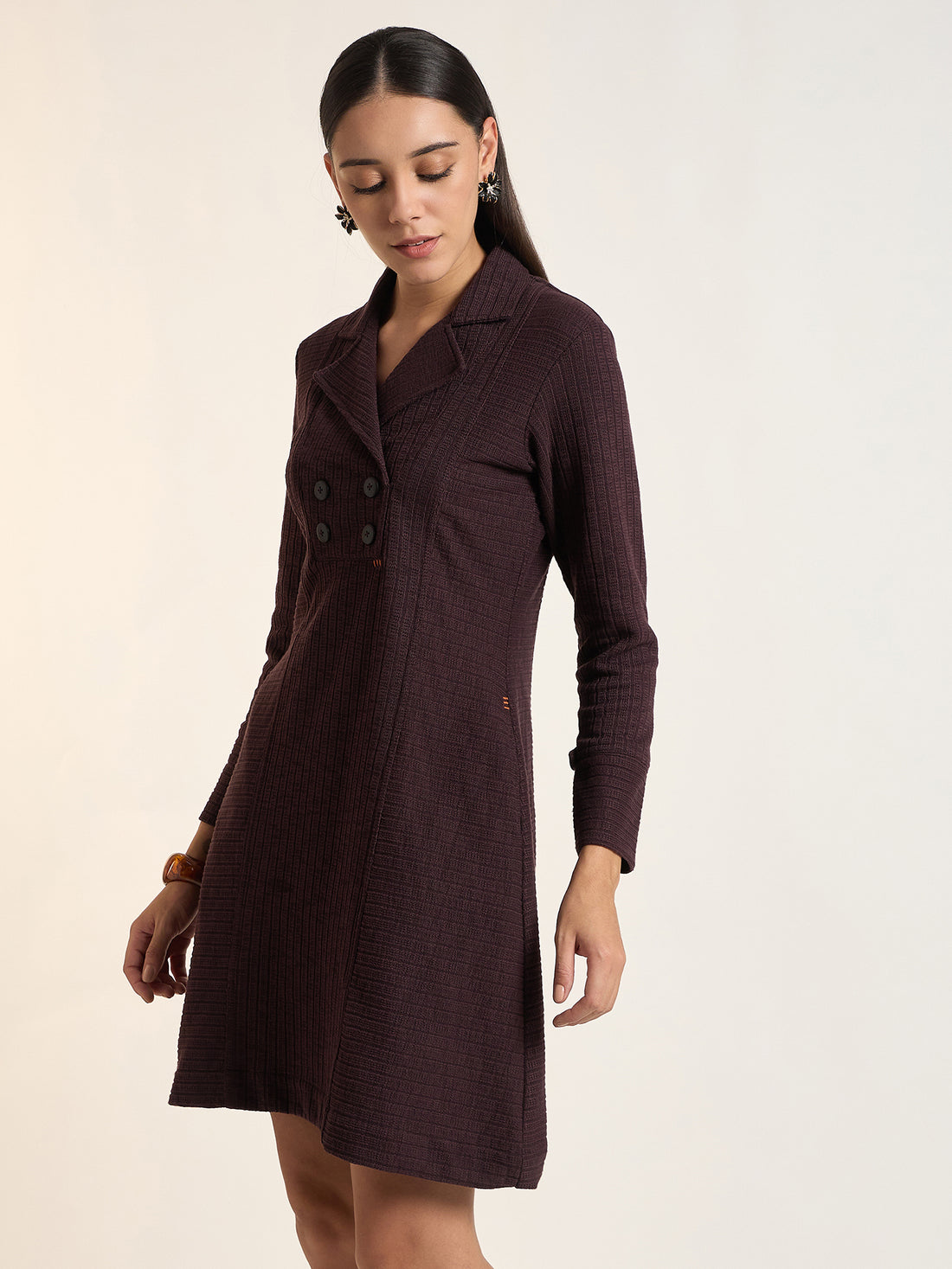 Women Solid Ribbed Double-Breasted Blazer Dress