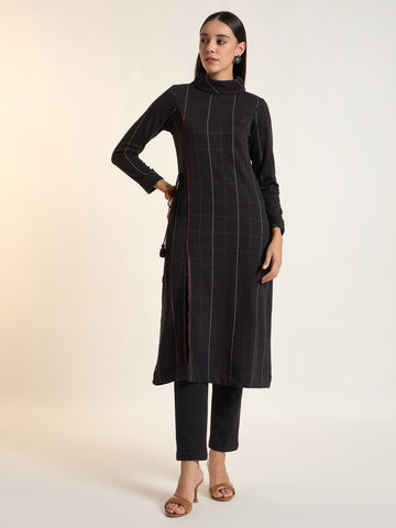 Women’s Black Checkered Longline Kurta Set