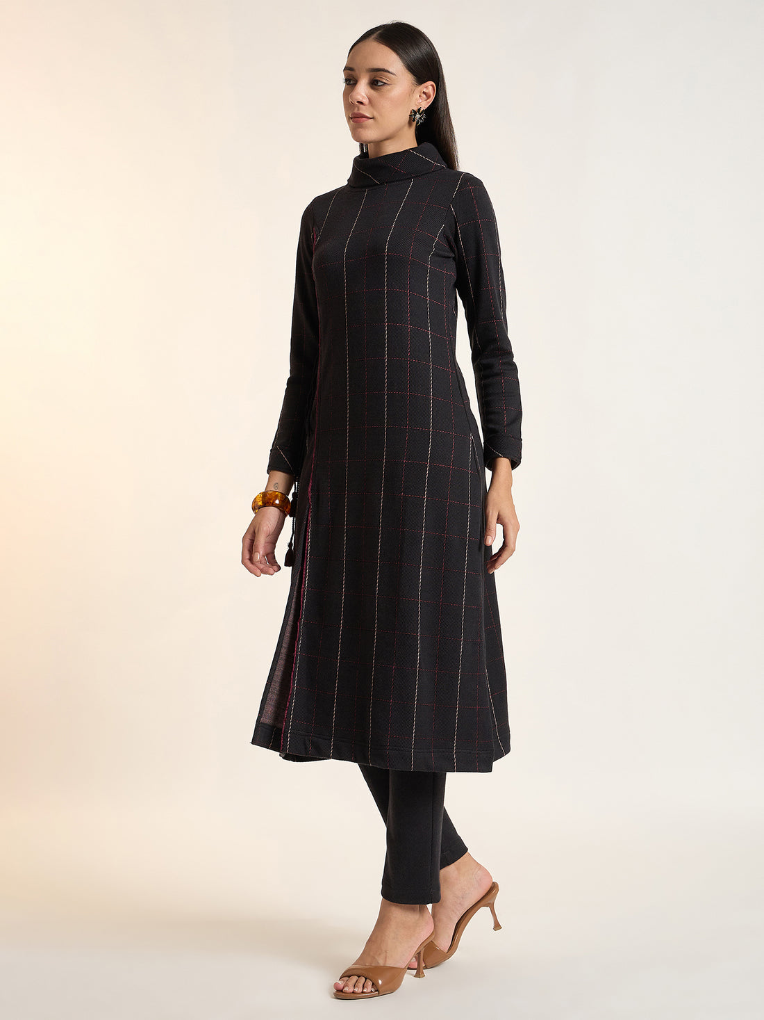 Women’s Black Checkered Longline Kurta Set