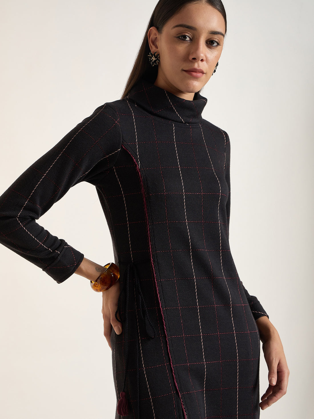 Black Check Pattern Knitted Cotton Kurta with Trousers