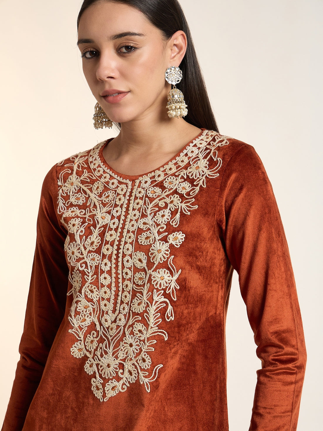 Rust Brown Velvet Embroidered Kurta Set