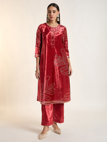 Red Embellished Velvet Kurta Set with Straight Trousers