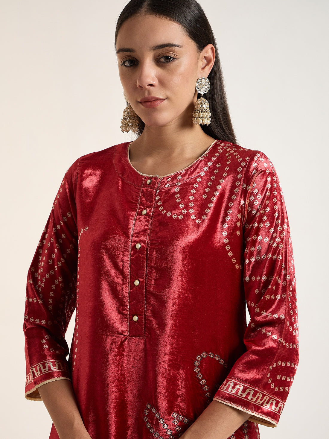 Red Embellished Velvet Kurta Set with Straight Trousers