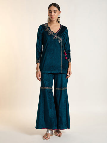 Teal Blue Embroidered Velvet Kurta Set with Flared Trousers