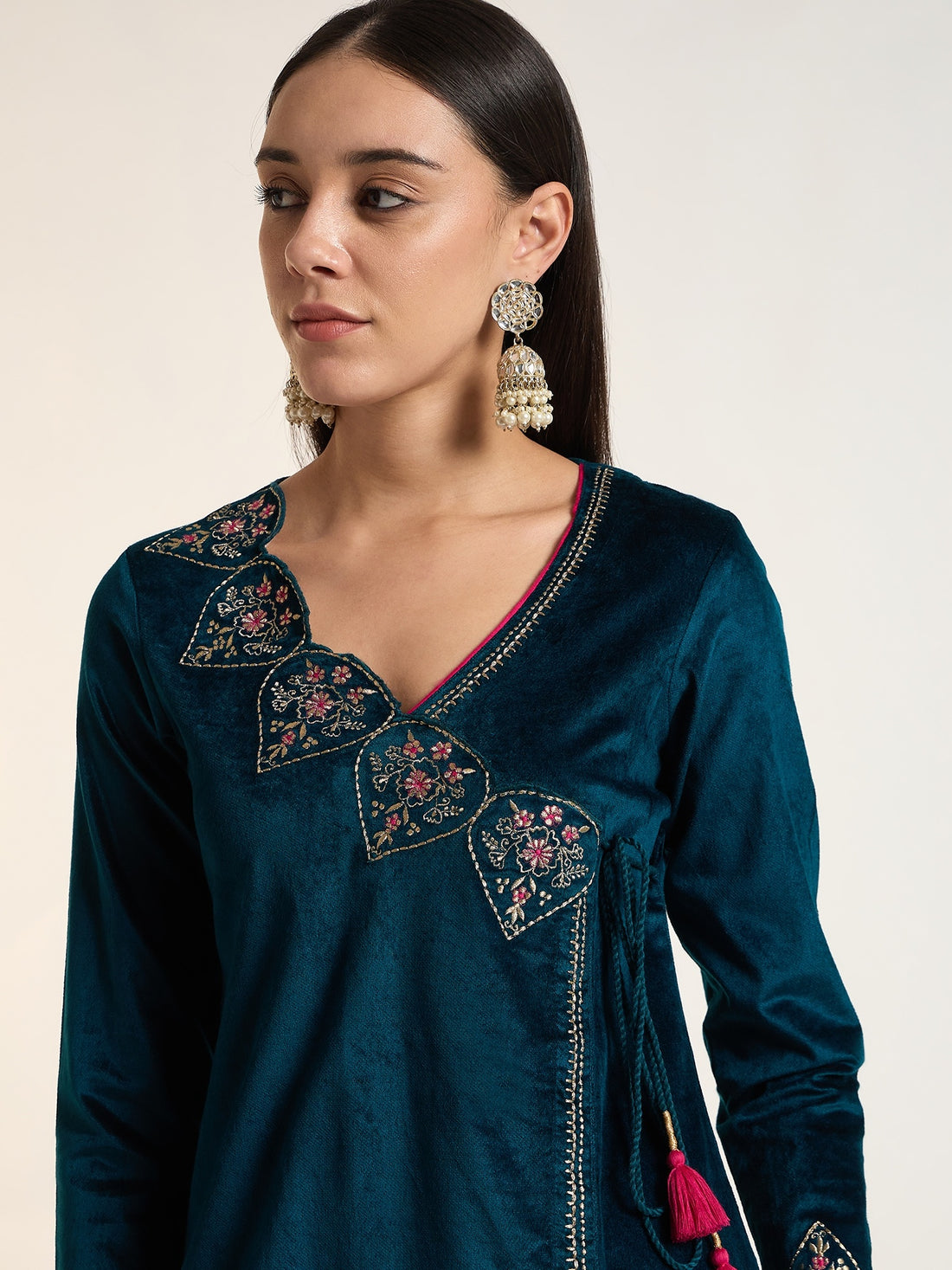 Teal Blue Embroidered Velvet Kurta Set with Flared Trousers