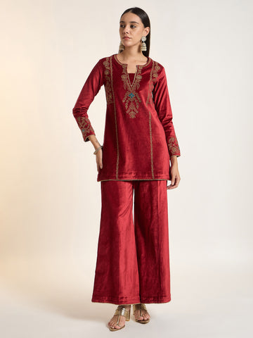Wine Red Velvet Embroidered Kurta Set