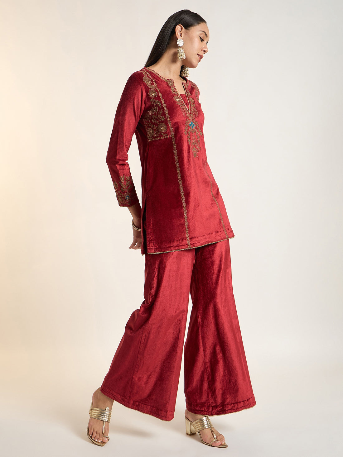 Wine Red Velvet Embroidered Kurta Set