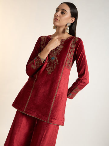 Wine Red Velvet Embroidered Kurta Set