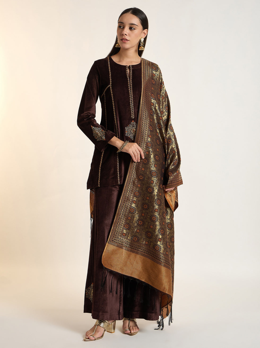 Brown Embroidered Velvet Kurta Set