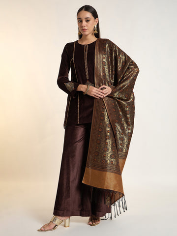Brown Embroidered Velvet Kurta Set