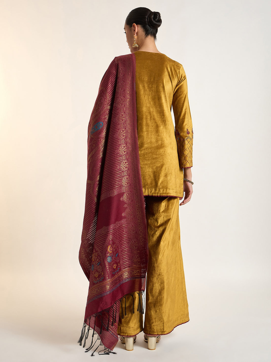 Mustard Velvet Embroidered Kurta Set with Printed Dupatta