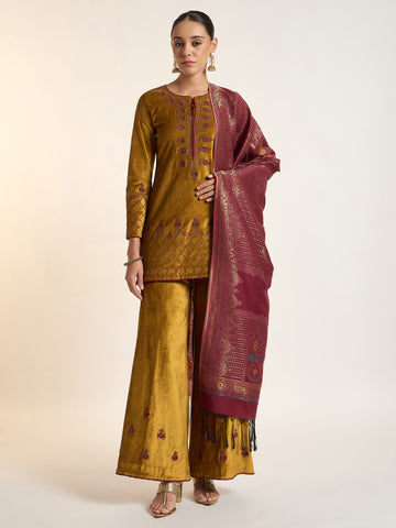 Mustard Velvet Embroidered Kurta Set with Printed Dupatta