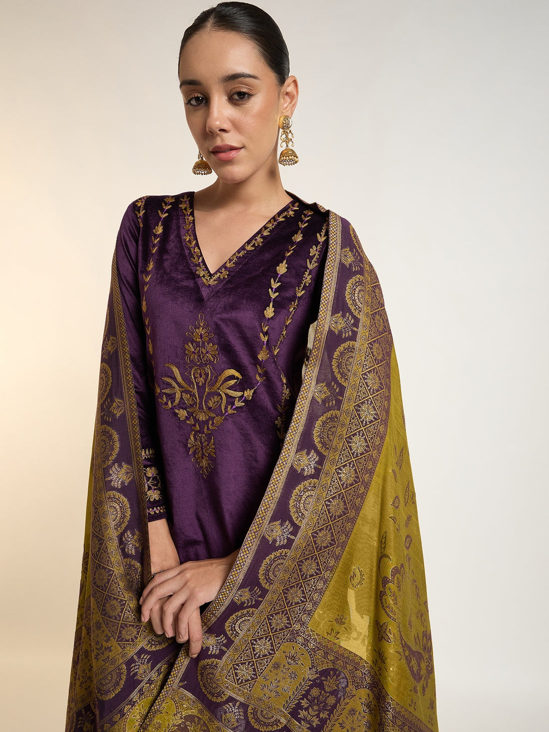 Purple Embroidered Velvet Kurta Set