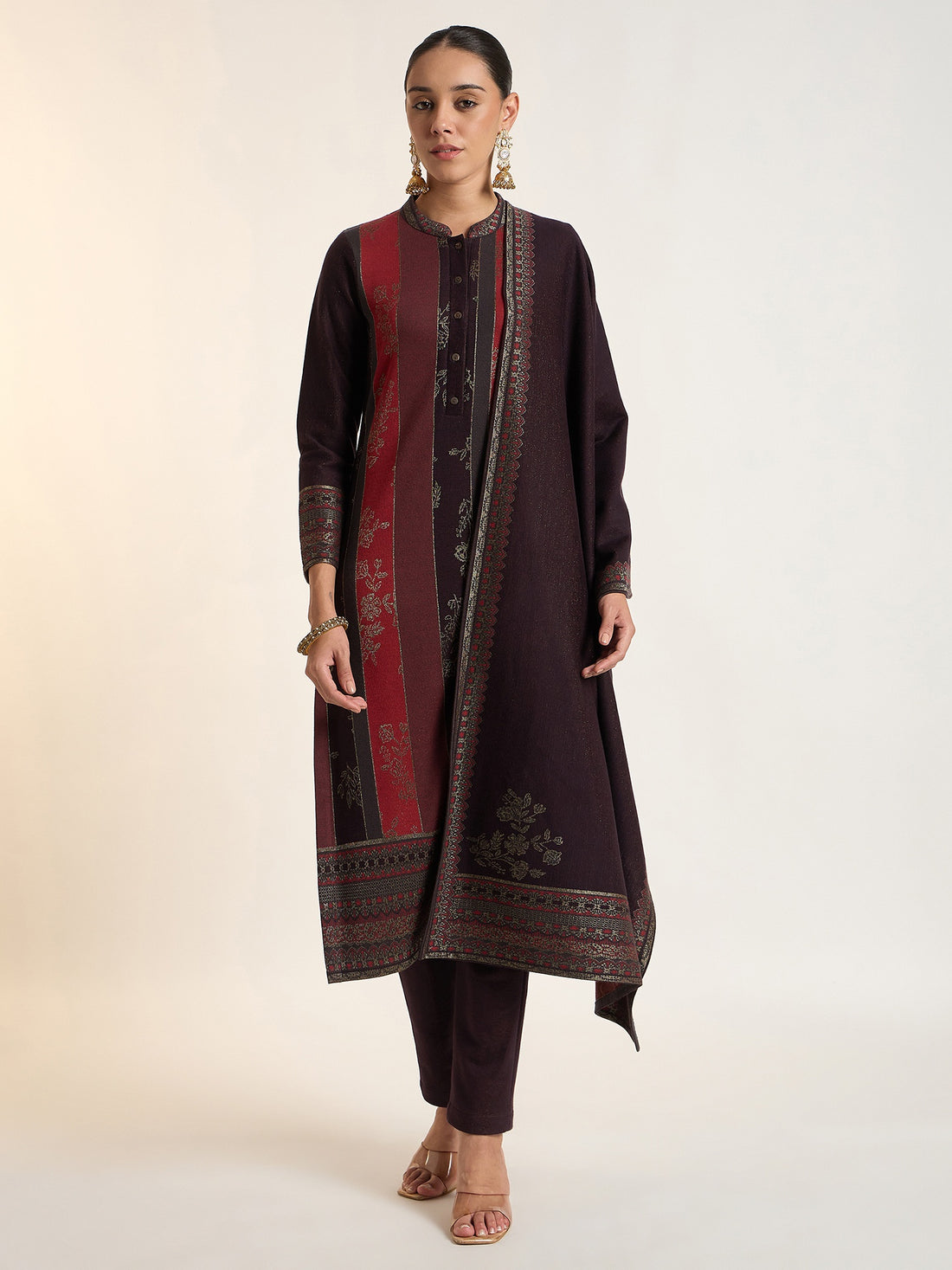 Wine Striped Kurta Set