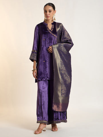 Purple Embroidered Velvet Kurta Set with Printed Dupatta