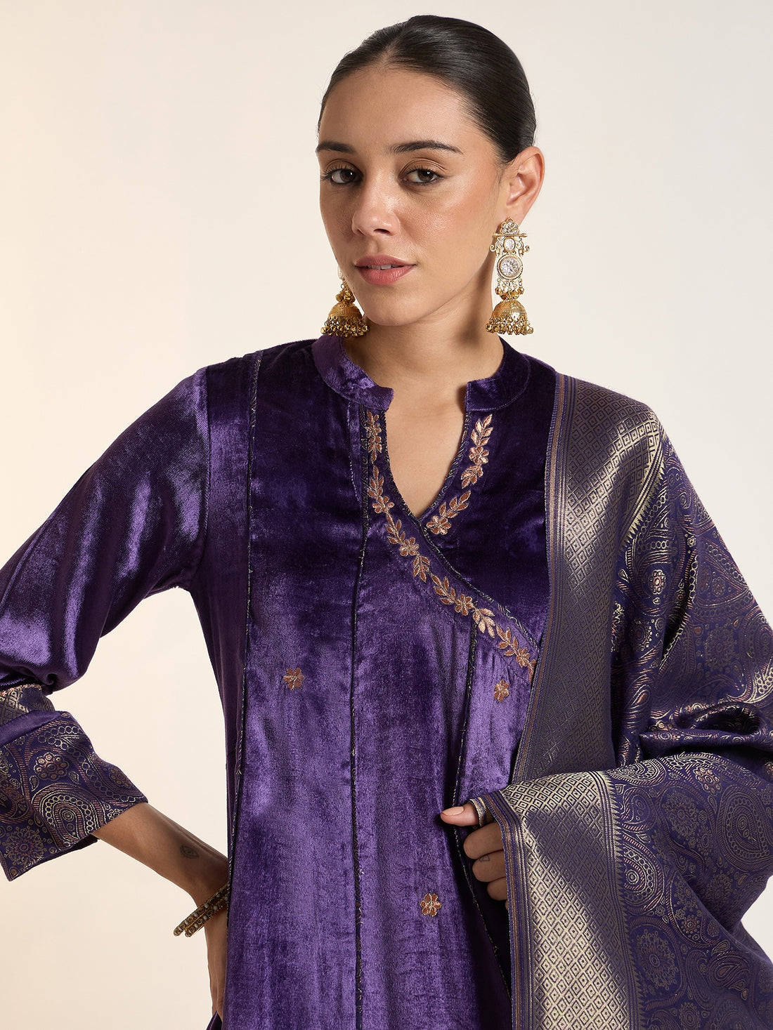 Purple Embroidered Velvet Kurta Set with Printed Dupatta