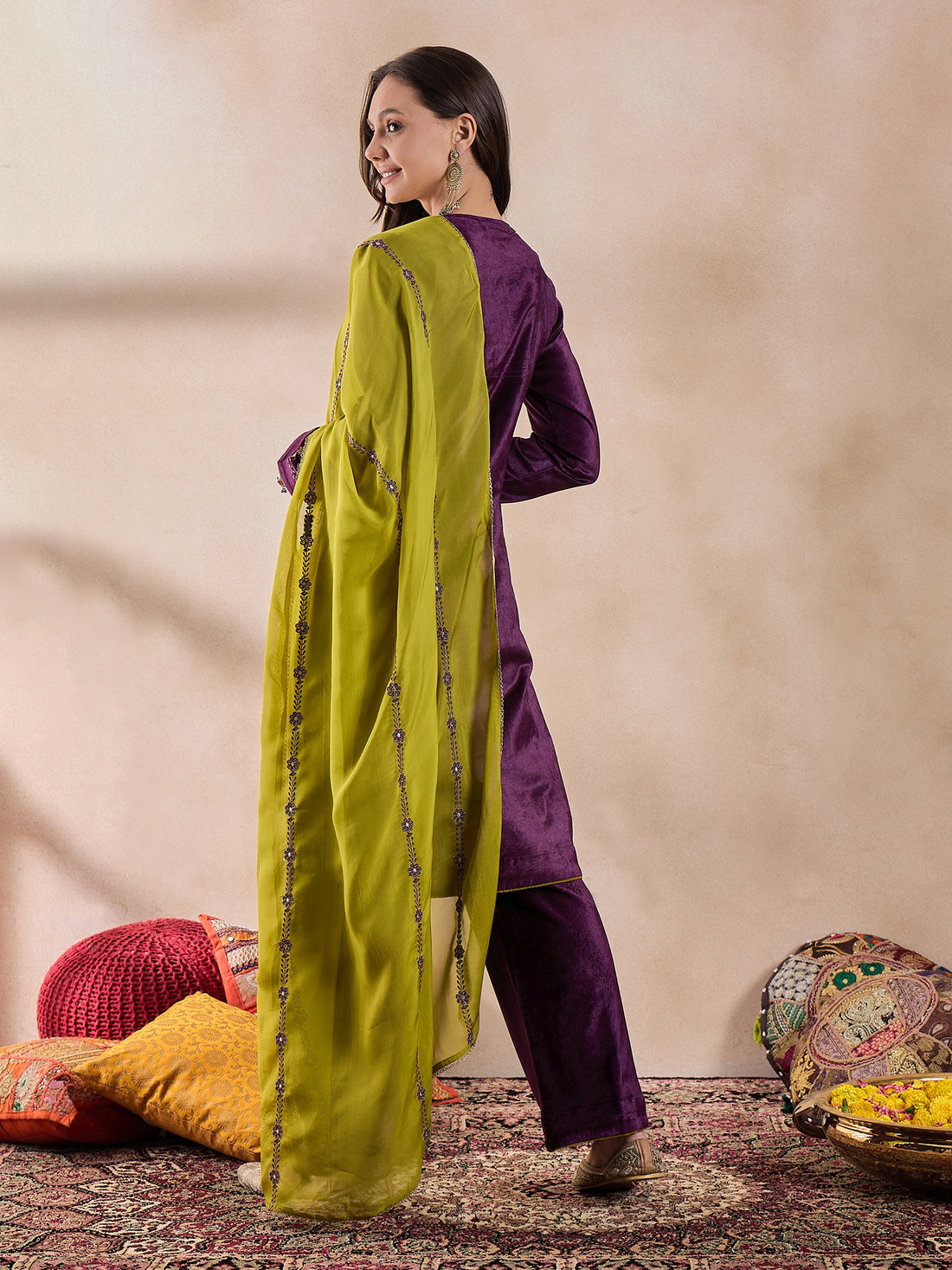 Purple Velvet Kurta Set With Dupatta