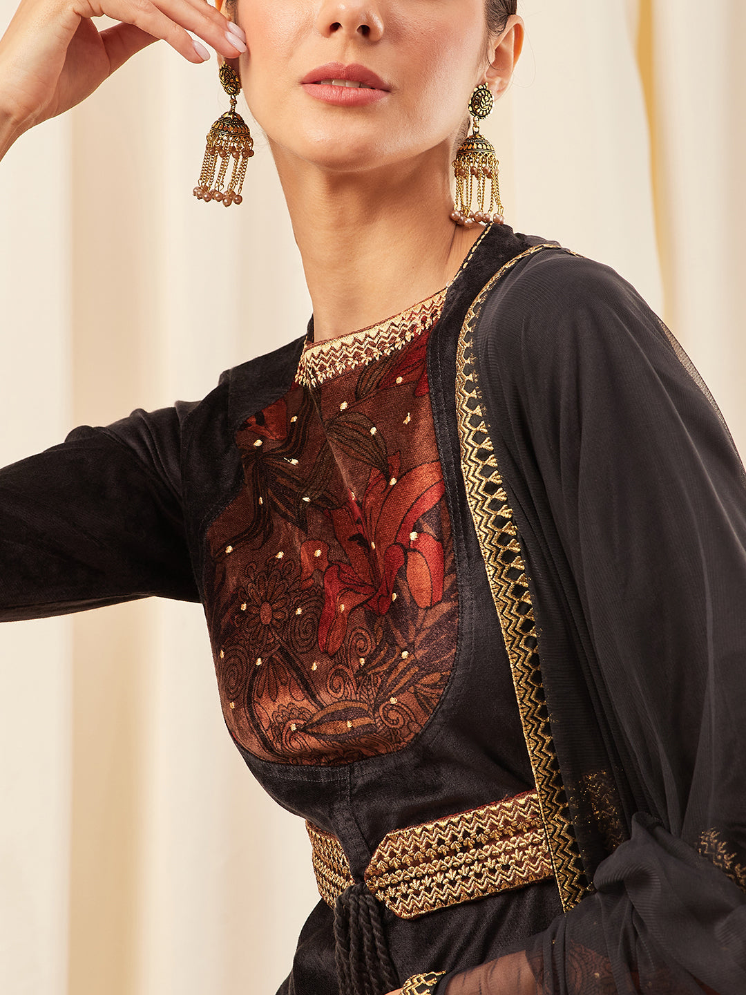 Embroidered Velvet Lehenga Set with Dupatta