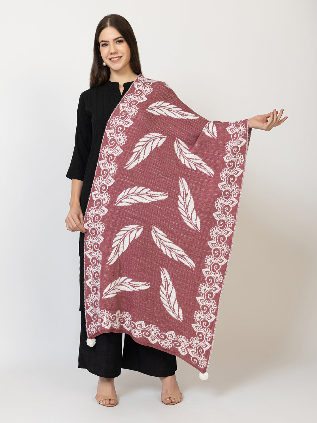 The Cranberry Feather Woollen Shawl