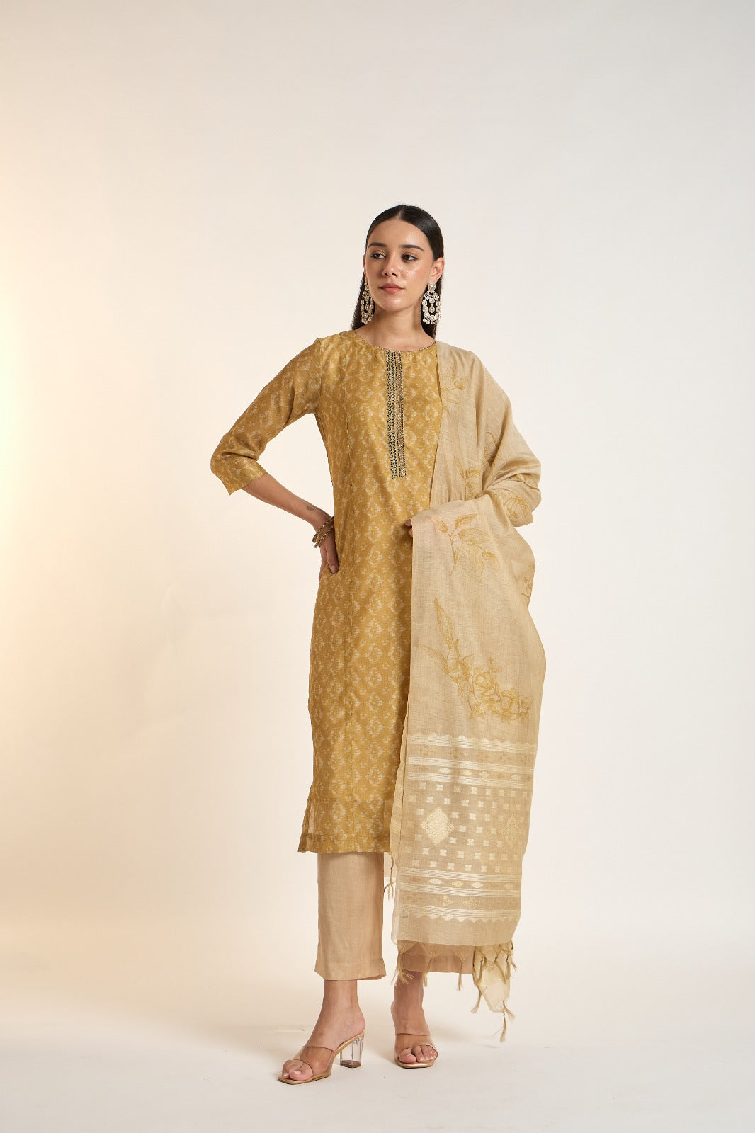 The Antique Gold Woven Dupatta Kurta Set