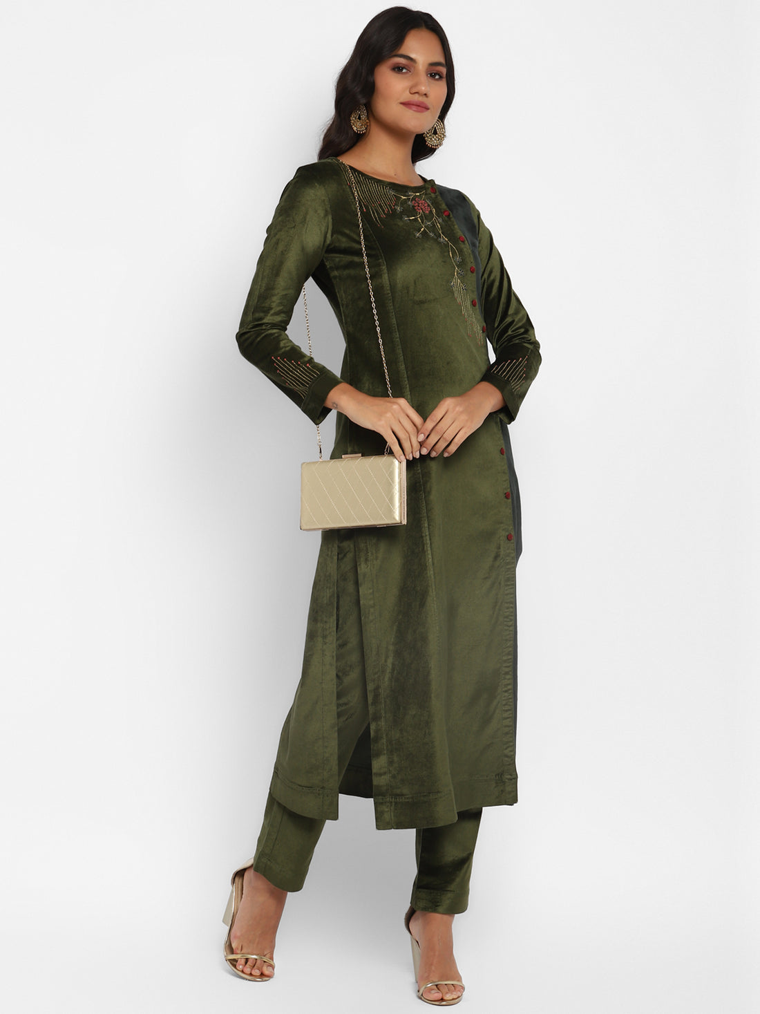 Olive Yoke Design Velvet Straight Kurta Set