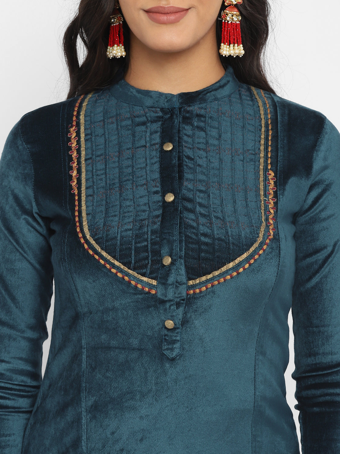 Teal Velvet Straight Kurta Set