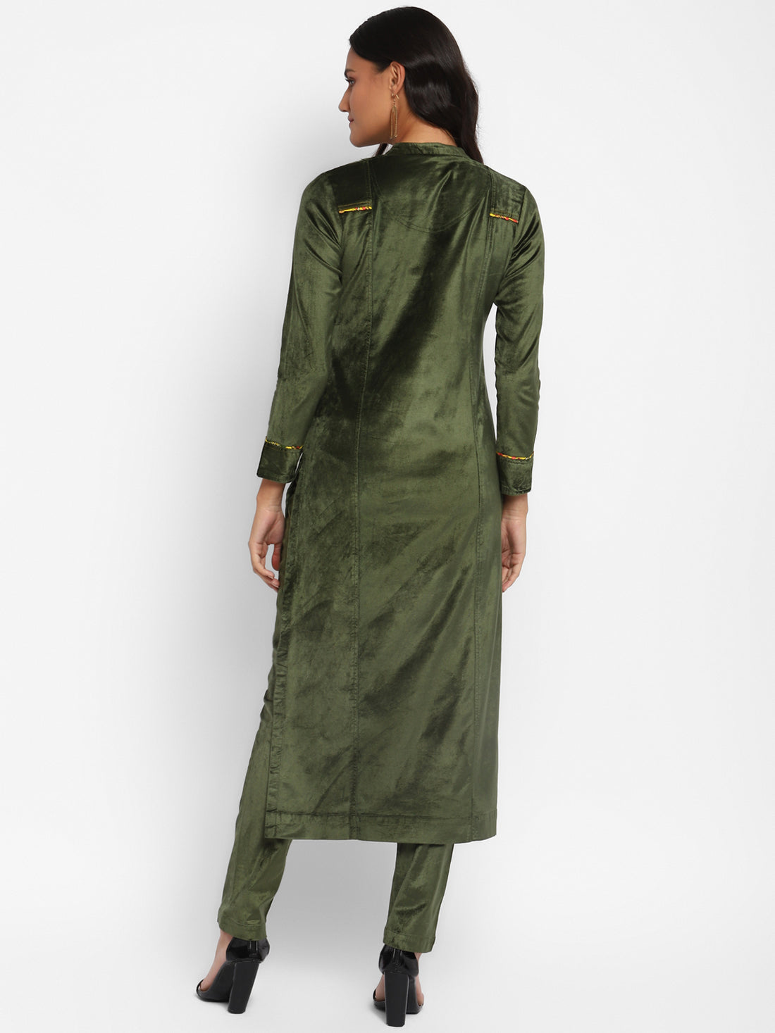 Green Embroidered Velvet Straight Kurta Set