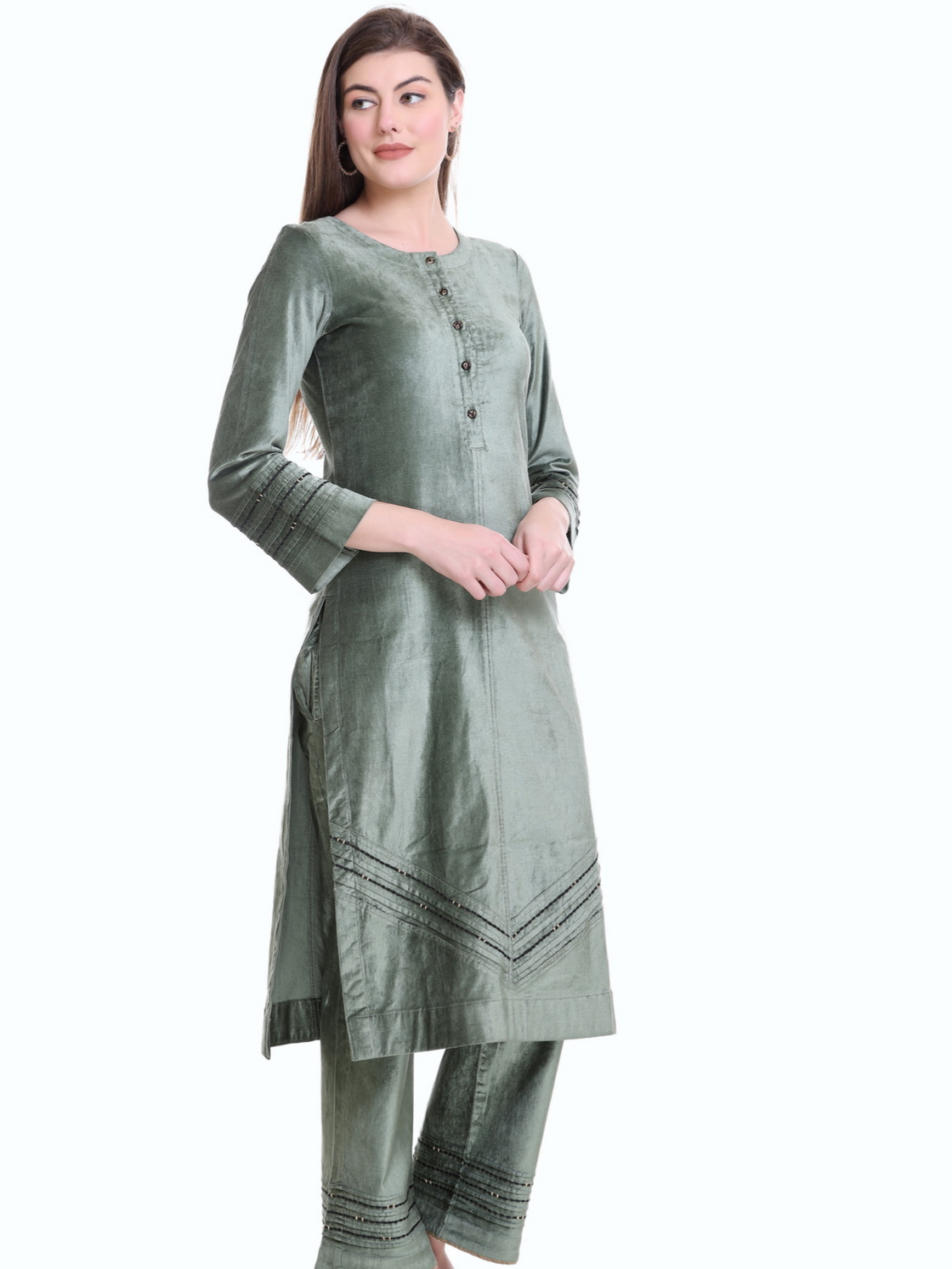 Aqua Green Velvet Straight Kurta Set with Dupatta